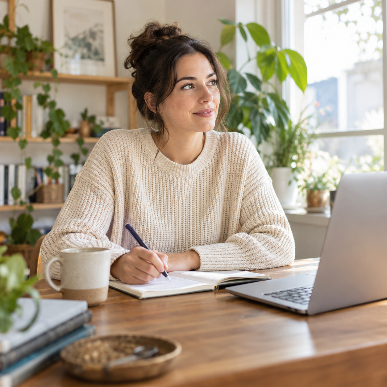 O profesionistă își notează ideile lângă laptop, într-un spațiu luminos