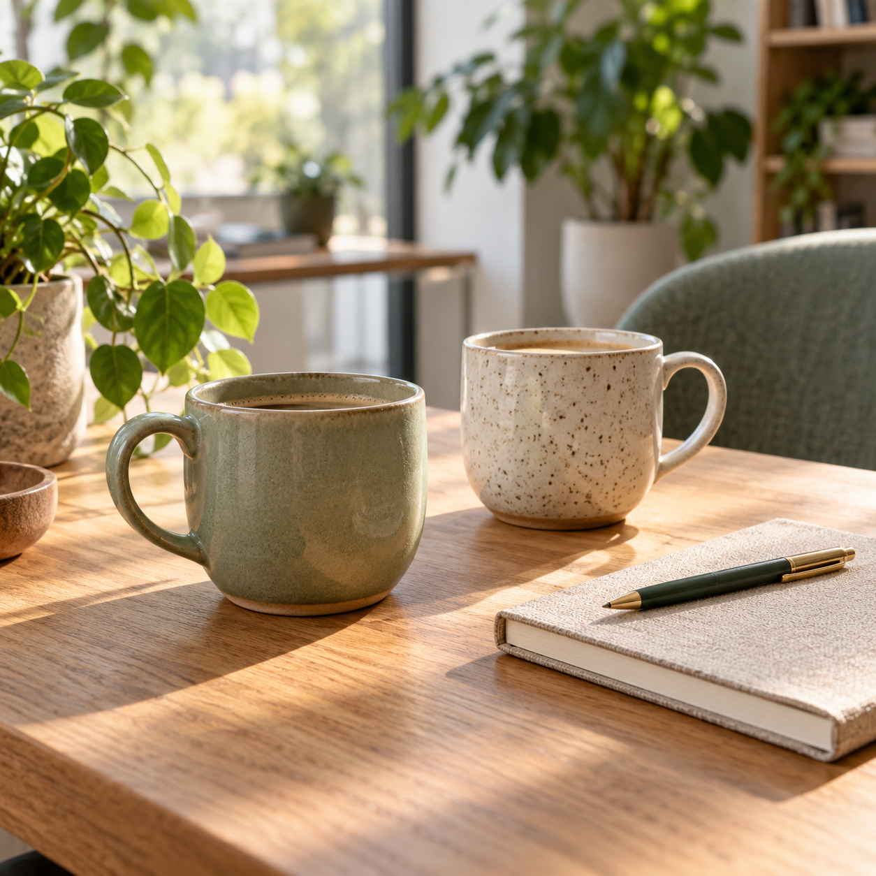 Două cești de cafea așteaptă o conversație la o masă însorită